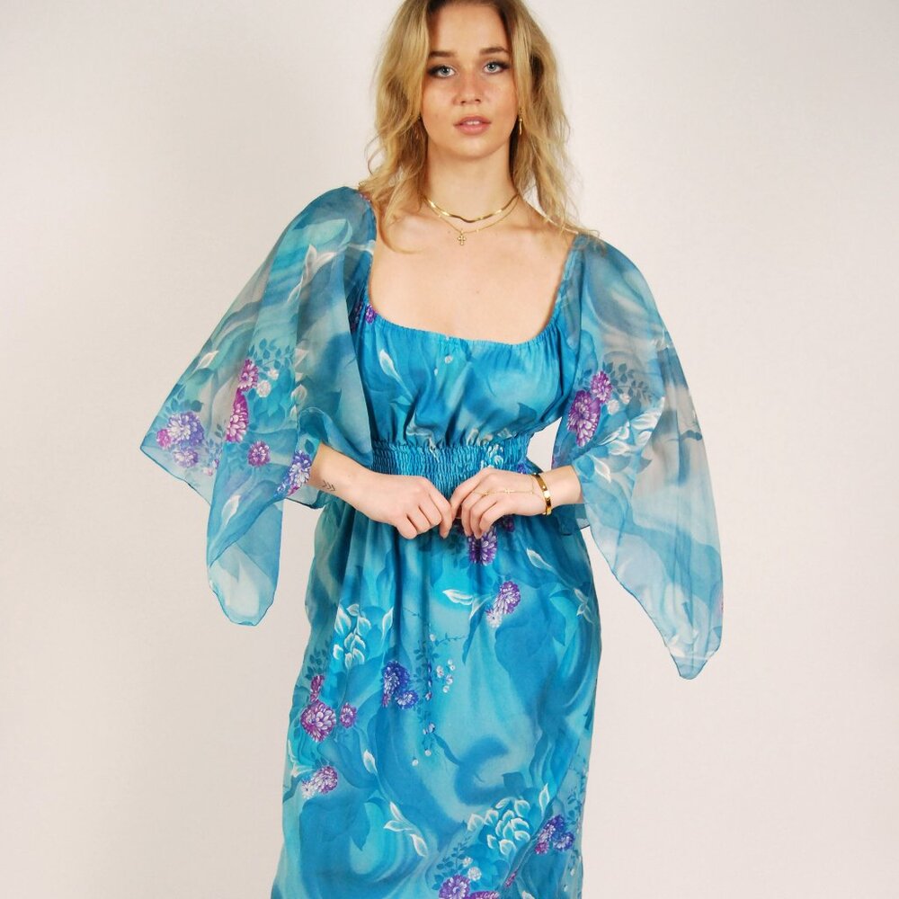 80s Butterfly Sleeve Dress (S) small blue vintage island tropical hawaiian bell